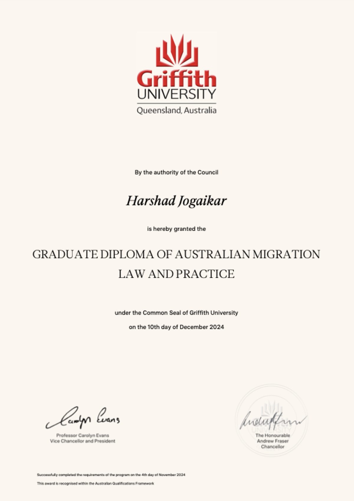 Graduate Diploma of Australian Migration Law and Practice, Griffith University (certificate number redacted)
